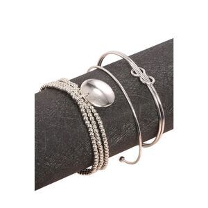 Boho Silver Tone 3-Piece Bracelet Set, Alloy Knot Cuff & Beaded Stack, New